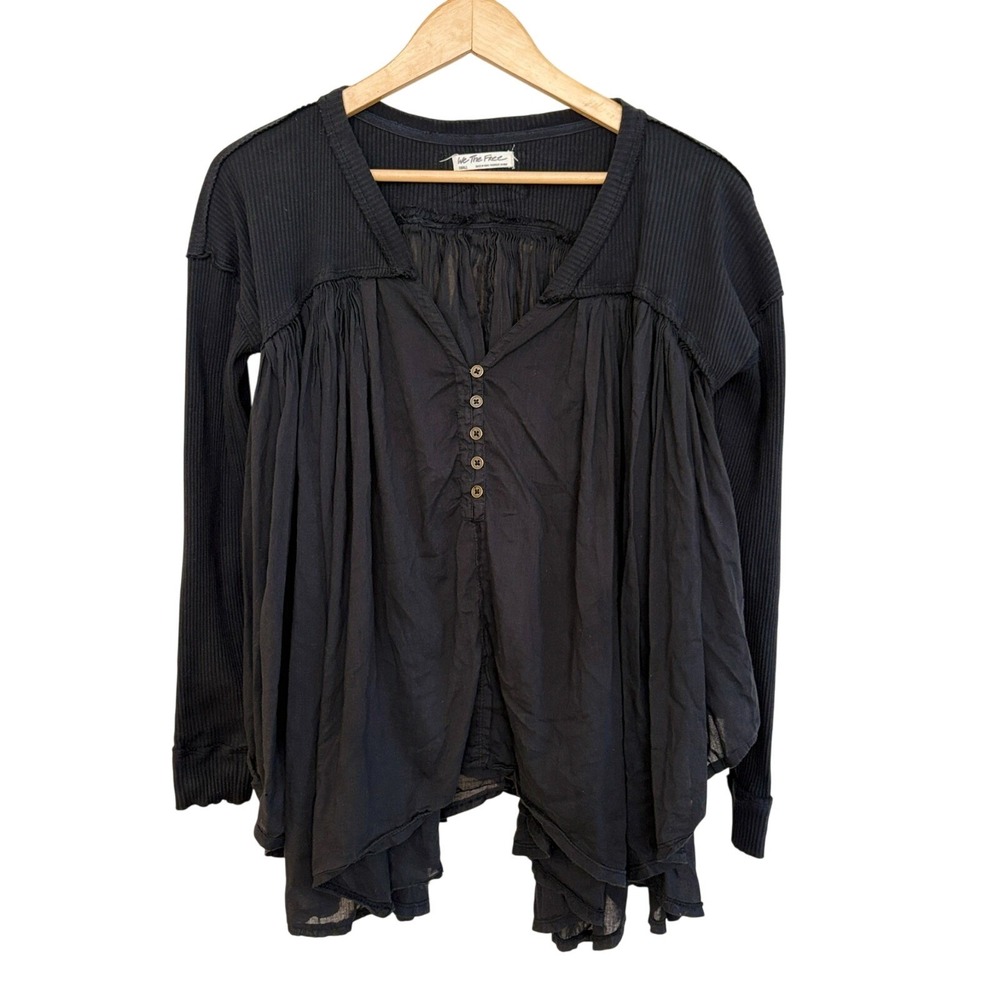 We The Free Black Henley Long Sleeve Cotton Babydoll Blouse Top S Elevated Basic